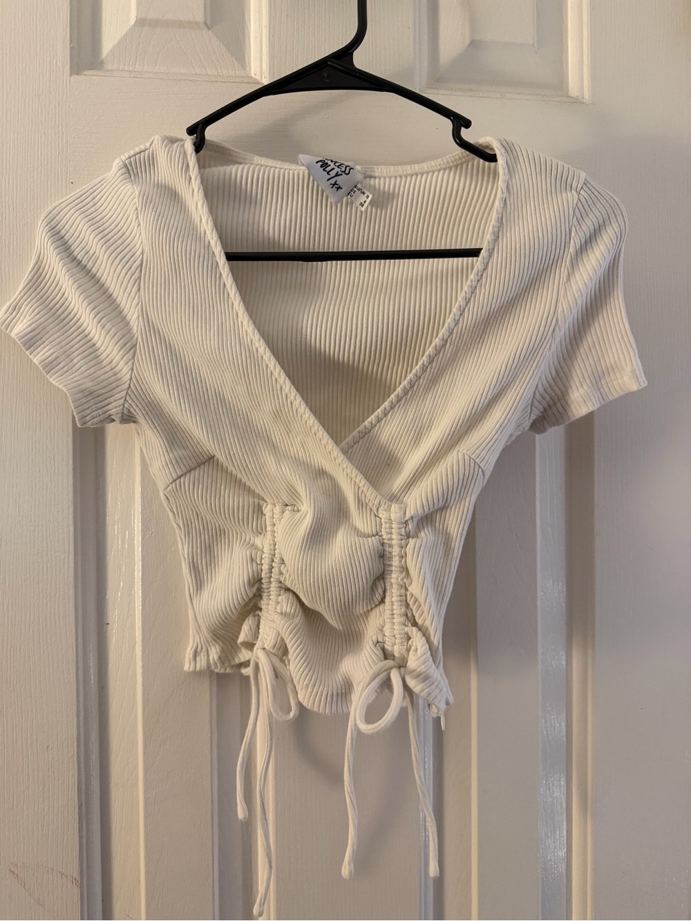 Princess Polly White Ribbed V-Neck Drawstring Crop Top